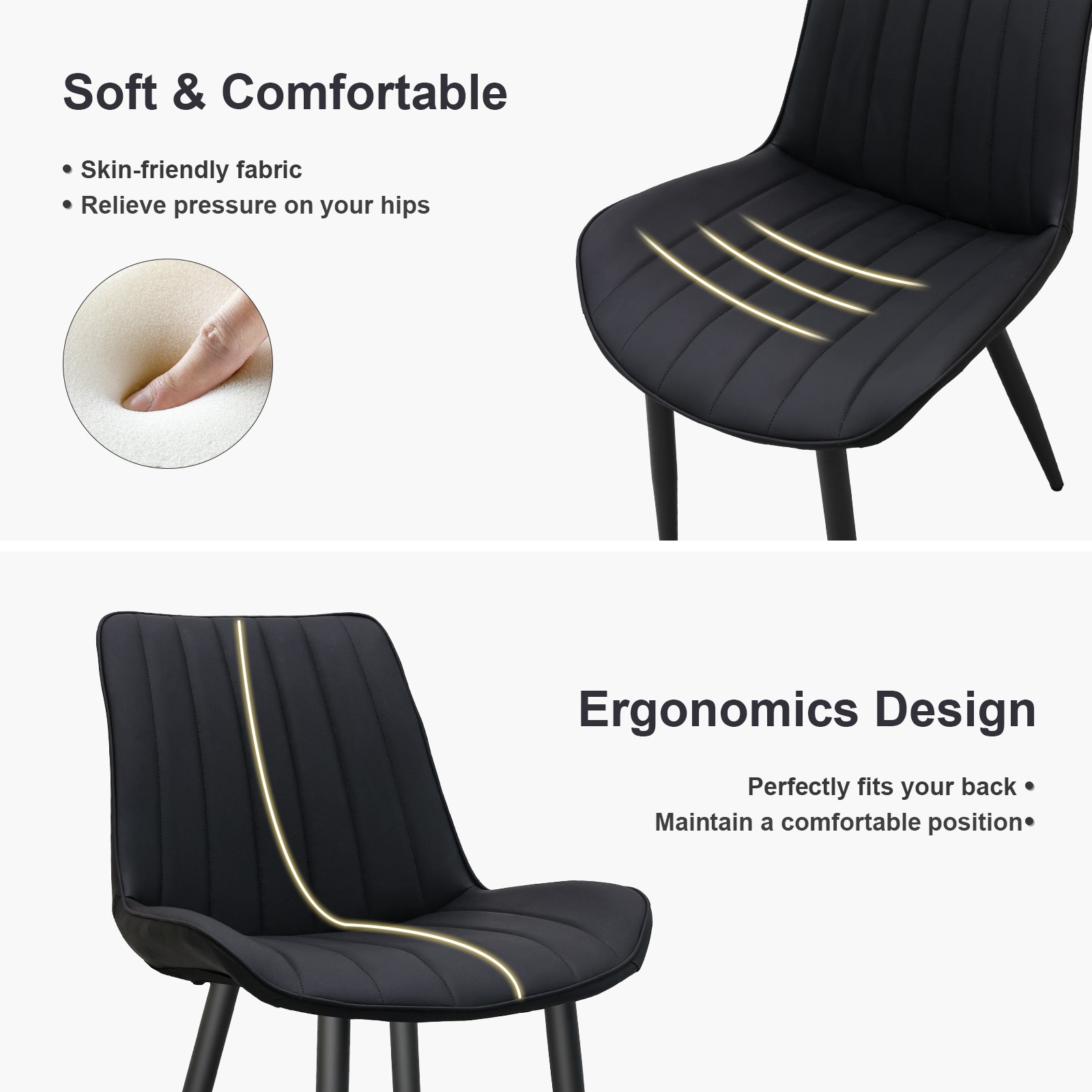 Black PU Leather Dining Chair With Metal Legs, Wave Pattern Upholstered Armless Chair Set Of 6 For Kitchen, Restaurant, Living, Meeting Room_maomaolike.com